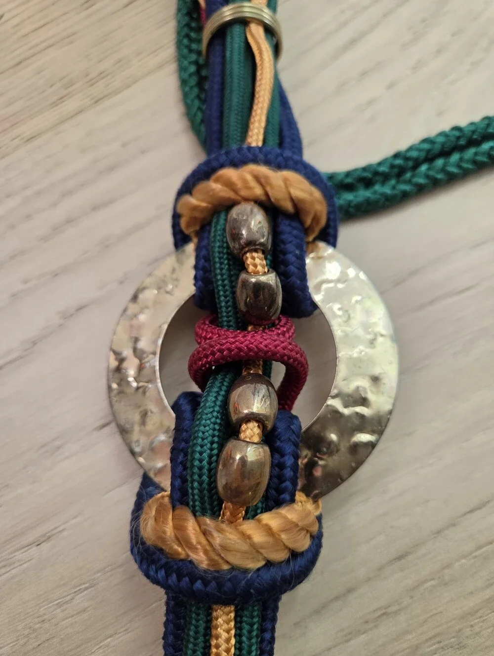 VTG 80s Bohemian Multi Color Braided Rope Cord Medallion Statement Belt 1X